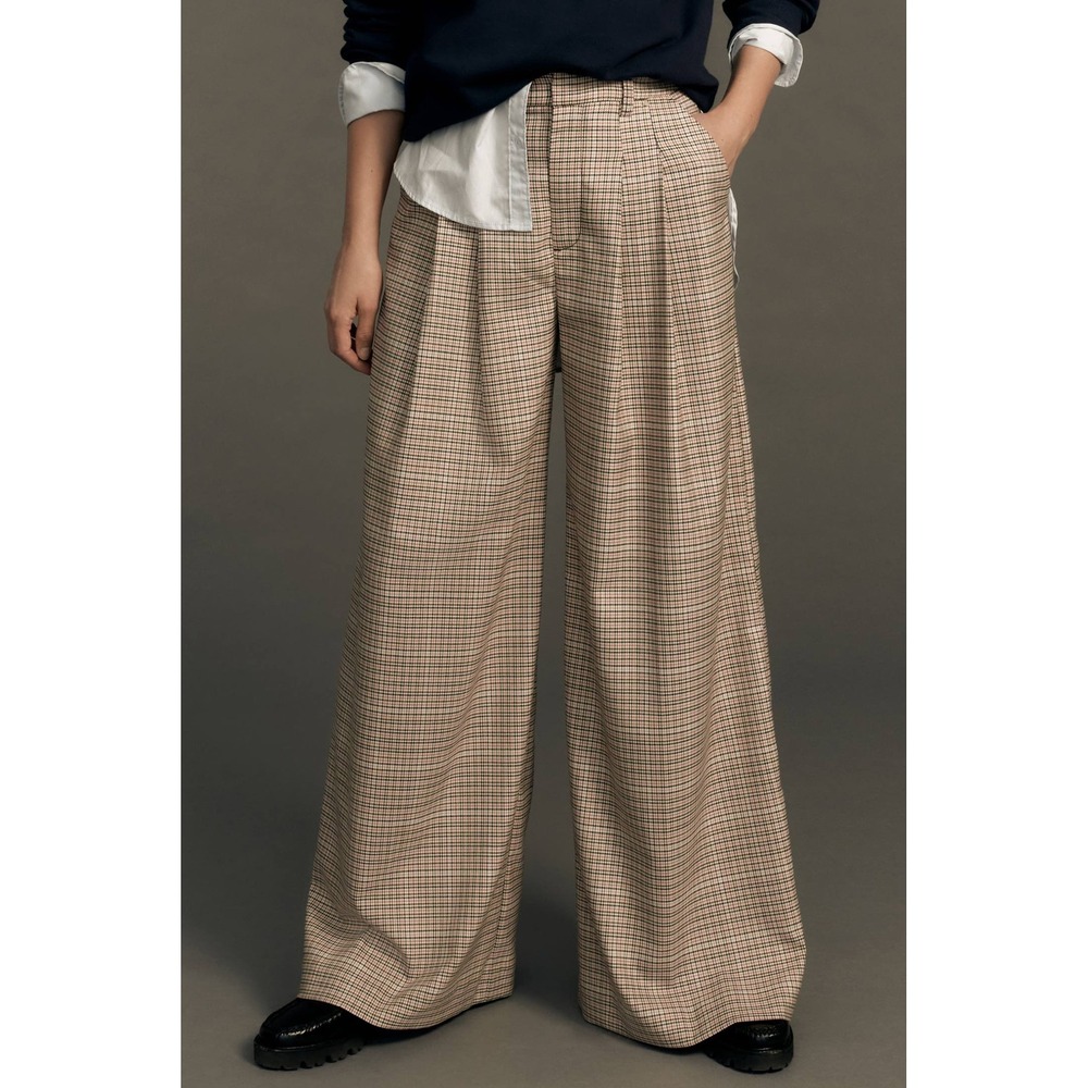 Anthropologie The Avery Pleated Wide Leg Trousers by Maeve Plaid Edition Size 14